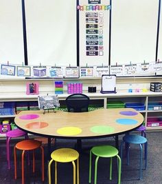 an empty classroom with colorful chairs and tables in the center, along with bookshelves