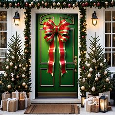 a green front door decorated with christmas decorations and presents