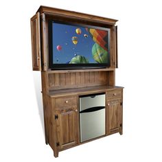 a wooden entertainment center with a flat screen tv on it's back and doors open