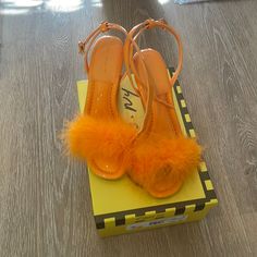 Perfect Condition- Never Worn. Orange Party Heels With Removable Insole, Chic Orange Heels With Removable Insole, Orange Round Toe Heels With Wrapped Heel, Orange Wrapped Heel Heels With Round Toe, Orange Heels With Wrapped Heel And Round Toe, Orange Low Heel Shoes With Heel Strap, Chic Orange Heels With Padded Heel, Orange Synthetic Heels For Formal Occasion, Orange Low Heel Shoes With Strap