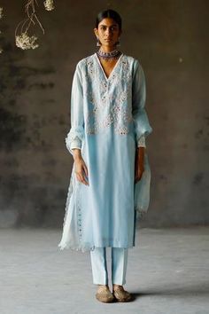 Shop for Shikha Mehta Blue Anisha Silk Chanderi Kurta Set for Women Online at Aza Fashions Mirrorwork Kurta Women, Sheer Dupatta, Mirror Embroidery, Kurta Set For Women, Silk Kurta, Pleated Sleeves, Fabric Silk, Kurta Set, Blue Silk