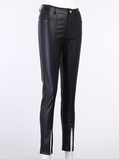 These Malaya Pants are made of quality vegan leather and feature a high-waisted skinny design and slits at the cuff. Pair them with a classic bodysuit and high heels for a night out! Sleek Faux Leather Pants For Date Night, Sleek High Waist Leather Pants With Zipper Closure, Sleek High-waist Leather Pants With Zipper Closure, Sleek Leather Pants For Going Out, Sleek Stretch Leather Pants For Party, Sleek Fitted Leggings For Club Wear, Sleek Fitted Leggings For Club, Fitted High-waist Faux Leather Pants, Fitted High Waist Leather Pants For Club