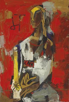 an abstract painting of a woman sitting on the ground with her hands in her pockets