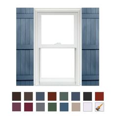 a white window with blue shutters and color swatches on the side of it