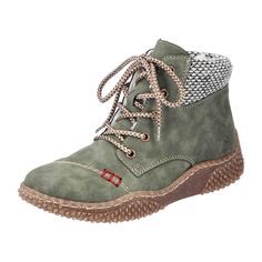 Rieker Lace-Up Boot with Warm Lining for Women, Green Rieker Lace-Up Boot with Warm Lining Slip into comfort and style with Rieker! These casual lace-up boots with a gray, medium-high shaft are versatile for everyday wear and leisure looks. The clever combination of zipper and lacing allows for easy on and off. The sturdy yet lightweight outsole with a comfortable heel provides stability with every step. The super soft insole ensures all-day comfort. Not to mention, the cozy warm lining makes these boots a perfect choice for chilly days. Don't wait, grab a pair now!  Product Details:  Color: Green  Heel Height: 4.9 cm  Heel Type: Wedge Heel  Toe Shape: Round  Shoe Width: Normal (G)  Removable Insole: No  Sole Color: Brown  Closure: Zipper & Lacing  Water Protection: No  Reflective: No  Fit Winter Green, Rieker Shoes, Trendy Boots, Green Heels, Soft Shoes, Rubber Shoes, Comfortable Heels, Lace Up Ankle Boots, Casual Lace