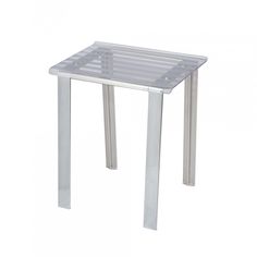 an aluminum table with a clear plastic top and legs on the bottom, against a white background