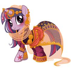 a pink pony with gold jewelry on it's head and tail, standing next to a