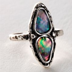 Free People Soho Ring In A Marquis Silhouette Has A Hammered Metal Band And Dual Abalone Stones. Women’s Size 6 And 8 Available, All Nwt. Silver Nickel-free Rings, Iridescent Bohemian Rings, Iridescent Rings For Gift, Free People Jewelry, Hammered Metal, Metal Band, Silver Blue, Metal Bands, Free Jewelry