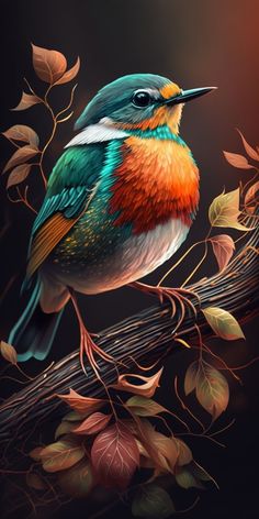 a colorful bird sitting on top of a tree branch next to green and red leaves