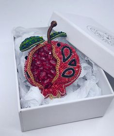 ⭐3D Pomegranate brooch Handmade Design. Great gift for your loved ones. ⭐Materials in this work: -  Crystal Stones  -  Sequins  -  Czech Preciosa Beads  -  Synthetic Leather  -  Brooch pins.  ⭐size is : 3.2 x 2.2 . Will send in cute gift box with insurance and Tracking Number. ⭐Any model in any color can be made if requested. ⭐If you have any question about my products, please feel free to ask ⭐Check my shop for other handmade design products and what's new Traditional Red Brooches For Gifts, Traditional Red Brooch For Gift, Unique Handmade Red Brooches, Traditional Handmade Red Brooches, Traditional Red Handmade Brooch, Handmade Round Beads Brooches For Gifts, Handmade Artisan Brooches For Gift, Handmade Red Brooches As Gift, Red Beaded Brooch For Party