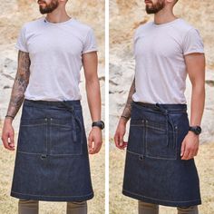 the man is wearing an apron made out of jeans