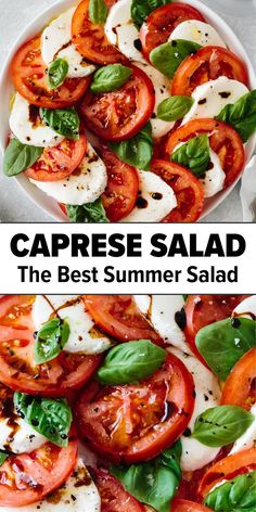 caprese salad with tomatoes, mozzarella and basil leaves in a white bowl