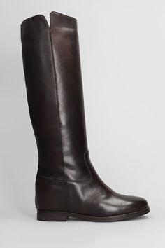 low heels boots in dark brown leather, round toe, slip on, stitching detail, inside wedge height 50mm, leather sole, 100% leather, Made in Italy Brown Wedge Boots With Leather Sole And Round Toe, Brown Low Heel Boots For Office, Brown Low Heel Office Boots, Brown Knee-high Boots With Round Toe And Leather Sole, Leather Wedge Boots With Round Toe For Work, Brown Knee-high Boots With Round Toe For Business, Brown Calf Leather Knee-high Boots With Almond Toe, Brown Leather Wedge Boots With Leather Sole, Brown Knee-high Boots With Leather Lining, Medium Width