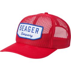 a red trucker hat with the word seager company on it's front