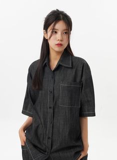 oversized-denim-shirt-ou326 Casual Office Blouse With Pockets, Modern Workwear Shirt With Welt Pockets, Modern Shirt With Welt Pockets For Work, Casual Collared Tops With Contrast Stitching, Relaxed Fit Trendy Blouse For Business Casual, Trendy Relaxed Fit Blouse For Business Casual, Oversized Modern Blouse For Workwear, Black Shirt With Welt Pockets For Work, Black Office Blouse With Pockets