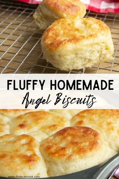 fluffy homemade angel biscuits in a pan on a cooling rack with text overlay