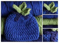 crocheted blue hat with green leaves on it