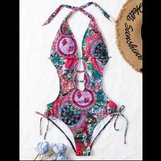 Tropical Multicolor Halter Monokini One Piece Swimsuit (Small) * Size: Small (Runs Small) * Color: Deep Beautiful Colors - Pink / Red / Yellow / Green / Blue / Purple / White / Black * Halter Style - Tie Back * No Wire * Removable Padding * Bottom Is High Cut With Side Ties * Inside Lining Approximate Measurements: Bust 34.6” / Waist 26.8” - 37” / Length 25.2” Pink Summer Beach One-piece, Pink Summer Beach One Piece, Pink Summer One-piece For Beach, Pink One Piece Beachwear, Pink Summer One Piece For Beach, Pink One Pieces For Beach Season, Pink One-piece Swimsuit For Sunbathing, Pink One-pieces For Poolside And Beach Season, Pink Beachwear One-piece