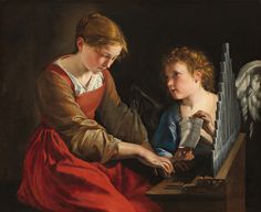 a painting of two women playing the harp together, with one woman looking at it