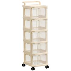 a white plastic storage unit on wheels with four baskets in the top and bottom section