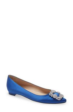 Pre-order this style today! Add to Shopping Bag to view approximate ship date. You'll be charged only when your item ships.The line's iconic crystal buckle lends sparkling decadence to this elegant almond-toe flat done in luminous blue satin. Textile upper/leather lining and sole Made in Italy Women's Designer Shoes Manolo Blahnik Hangisi Flats, Hangisi Flats, Manolo Blahnik Flats, Manolo Blahnik Blue, Ballerina Heels, Manolo Blahnik Hangisi, Satin Style, Lace Flats, Buckled Flats