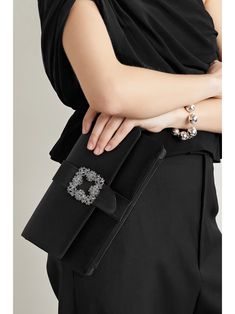 MANOLO BLAHNIK Capri crystal-embellished satin clutch | NET-A-PORTER Elegant Black Clutch With Magnetic Closure, Chic Crystal-embellished Evening Bag For Cocktails, Black Evening Bag With Magnetic Closure For Party, Chic Black Evening Bag For Gala, Elegant Crystal Embellished Clutch For Cocktail, Elegant Black Evening Bag With Magnetic Closure, Black Evening Bag For Gala, Chic Black Evening Bag For Cocktail, Luxury Black Embellished Clutch