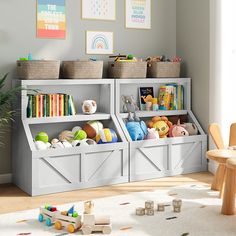 a child's playroom with toys and books