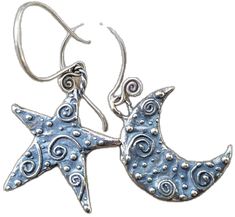 Symbolic Star Shaped Earrings For Gift, Symbolic Silver Crescent Earrings, Celestial Silver Earrings With Star Charm, Silver Crescent Symbolic Earrings, Silver Symbolic Pendant Earrings, Symbolic Silver Pendant Earrings, Silver Symbolic Crescent Earrings, Symbolic Star-shaped Nickel-free Earrings, Symbolic Nickel-free Star Earrings