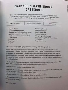 the instructions for sausage and hash brown casserole are shown in this recipe book