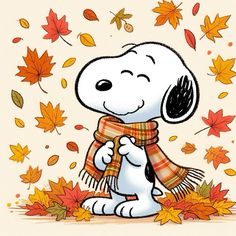 a cartoon dog wearing a scarf and standing in the fall leaves with his paw up