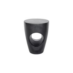 a black vase with a circular hole in the center on a white background for use as an accent piece