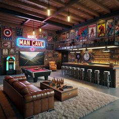 a man cave with a pool table, couch and bar