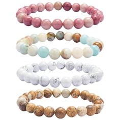 PRICES MAY VARY. Packaging: 4pcs gemstone bracelet in neutral colors which are Suitable for both men and women, come with a fancy storage bag which can protect our gemstone bracelets and prevent lose. High-quality Materials: The bead bracelet is made of natural semi-precious stones (Howlite, Rhodonite, Amazonite, Picture Jasper), all handmade. And for clean appearance, the knot hidden inside beads. Size: Inner length of the bead bracelets are approx 7.6 inches, uniform beads dia 8mm, well made a 8mm Beaded Bracelets, Fancy Storage, Healing Crystal Bracelets, Essential Oil Bracelet, Stone Bracelets, Bracelets Set, Crystal Healing Bracelets, Agate Bracelet, Styl Boho