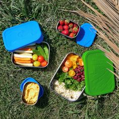 three containers filled with fruits and vegetables on the grass