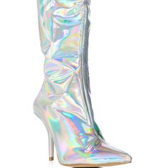 Reflect And Connect In The Azalea Wang Collette Holographic Boot. This Glossy, Statement-Making Shoe Features A Color-Changing Holographic Pu Upper, A Knee-High Shaft Height, A Pointed-Toe Silhouette, A Slim Stiletto Heel, And A Cushioned Insole. Complete With A Unique Squared Heel Structure And A Tonal Inner Ankle Zipper Closure. Soon To Be Your Go-To Pair For Any Celebratory Event! (All Measurements Are Approximate From Size 7.5) - Iridescent Pu Upper - Pu Lining - Tpu Outsole - Pointed Toe - Metallic Fitted Boots For Formal Occasions, Silver Boots For Club, Trendy Fitted Silver Heels, Silver Fitted High Heel Boots, Metallic Pointed Toe Boots For Party, Trendy Silver Summer Boots, Metallic Pointed Toe Party Boots, Metallic Fitted Boots For Night Out, Metallic Heels For Fall