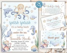 an ocean themed baby shower is shown with its name and it's birth date