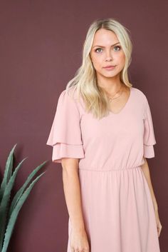 Claire Textured Pink Modest Chiffon Dress – A Closet Full of Dresses Flowy Chiffon Mini Dress In Feminine Style, Feminine Flowy Chiffon Mini Dress, Feminine Fitted Tiered Chiffon Dress, Elegant V-neck Chiffon Dress For Day Out, Spring Chiffon Dress For Casual Occasions, Feminine Chiffon Mini Dress For Date Night, Solid V-neck Chiffon Dress For Summer, Solid V-neck Chiffon Summer Dress, Spring Casual Chiffon Dress