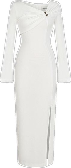 Elegant V-neck Dress With Split Design, Fitted Longline Maxi Dress For Date Night, Fitted Longline Midi Dress For Night Out, Fitted Longline Midi Dress For Date Night, Sleek White Fitted Dress, Sleek Stretch Evening Midi Dress, Elegant Long Sleeve Dress With Side Slits, Sleek White Bodycon Dress, Chic Fitted Longline Dresses