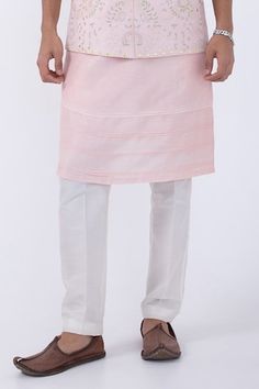 Baby pink bam silk kurta with front buttoned placket. Comes with ivory cotton silk pyjama and a suiting bundi jacket with mirror and thread embroidered garden. - Aza Fashions Luxury Cotton Nehru Jacket With Dabka Detailing, Festive Pink Nehru Jacket Straight Kurta, Luxury Pink Traditional Nehru Jacket, Pink Fitted Nehru Jacket, Luxury Embroidered Pink Nehru Jacket, Pink Embroidered Nehru Jacket Kurta, Pajama Pattern, Nehru Jackets, Silk Pajamas