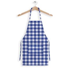 a blue and white checkered apron hanging on a wooden hanger