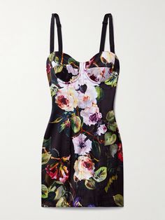 Dolce&Gabbana's mini dress is part of the 'Flower Power' collection, which is defined by floral prints. It's cut for a figure-hugging fit from satin and has a bustier bodice complete with boning and supportive underwired cups. Adjust the straps to your ideal fit. Black Floral Mini Dress, Designer Silk Dress With Floral Print, Designer Silk Floral Print Dress, Designer Floral Print Cocktail Dress, Luxury Floral Print Summer Dress, Luxury Fitted Multicolor Dresses, Fitted Silk Printed Dress, Dolce And Gabbana Wedding Dress, Designer Printed Summer Dresses