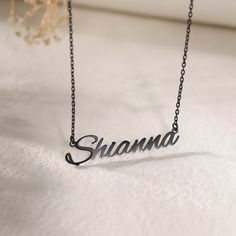 "Necklace Details 📿 ------------------------------------------------------ Feature: Minimalist design, multiple fonts, personalized name. Material: High quality 925 Sterling Silver Color: Black, Silver, Gold, Rose Gold. Chain length: 16\" and 20\" both with 2\" extension, 14\" and 24\" without extension chain, please contact us for custom lengths. Closure: Lobster claw. Chain type: Default Cable Chain. Box chain, ball chain, paperclip chain, curb chain, 3 mm rolo chain can be customized. Packag Customized Minimalist Name Necklace, Personalized Black Stainless Steel Necklaces, Trendy Personalized Black Necklace, Trendy Black Personalized Necklace, Elegant Black Necklace For Personalized Gift, Customized Black Stainless Steel Necklace, Minimalist Customized Name Necklace As Personalized Gift, Customized Minimalist Nameplate Necklaces, Minimalist Customized Name Necklace For Personalized Gift