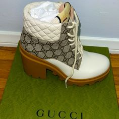 Gucci Authentic High Heel Boots Snake Logo On Bottom Worn Once With Shoe Bags And Box. Designer White Boots With Round Toe, Designer White Round Toe Boots, Designer White Leather Boots, Designer High Heel White Boots, Gucci Snake Boots, Gucci Snake Bag, Luxury White Calf Leather Boots, Luxury White High Heel Boots, White Luxury Calf Leather Boots