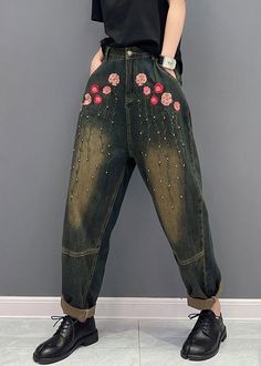 Floral Rivet Patchwork Denim Pockets Harem Pants FallFabric: Denim FabricSize & Fit: This garment fits true to size.Length: Size L measures 38.22"from waist to hem.Waist:Fitted - elastic waist allows stretch Hip: Loosely Fitted. room for hips. Hand Wash Cold. Urban Trends, Long Denim Skirt, Patchwork Denim, Denim Pocket, Fall Fabric, Denim Patchwork, 2000s Fashion, Denim Fabric, Rivets