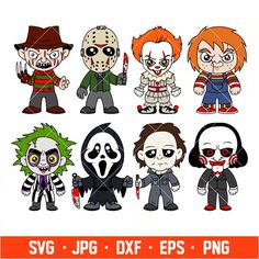 halloween characters with different costumes and haircuts, all in the same color scheme