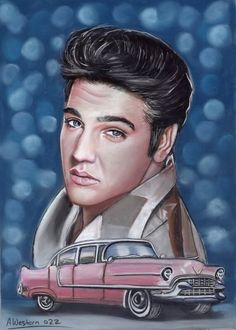 a painting of elvis presley with a car in front of him and bubbles on the background