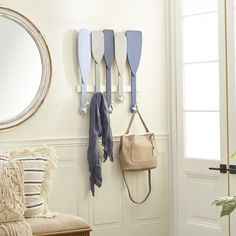 This rack easily goes with vanilla and pastel-painted walls. This item ships in 1 carton. Wood wall hook makes a great gift for any occasion. Easily hanging using hanging hook on the back; nails and screws are not included. Suitable for indoor use only. Maximum weight limit is 20 lbs. This is a single wall hook. Coastal style. Grayson Lane 5-Hook 23.25-in x 26-in H Blue 5 Hangers Decorative Wall Hook (20-lb Capacity) | 35886 Beach House Entryway, Nautical Themed Bedroom, Waterfront House, Wall Hook Rack, Mudroom Entryway, Shore House, Decorative Wall Hooks, Lake Cabin, West Bay