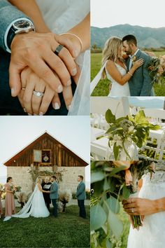 a collage of wedding photos with the bride and groom holding each other's hands