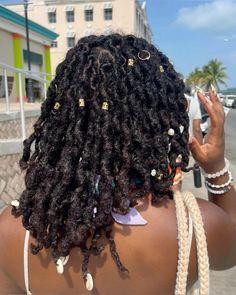 Locs With Shells, Locs With Charms, Long Loc Hairstyles, Medium Locs Black Women, Locs Wedding, Curled Locs, Layered Locs, Feminine Locs, Nonchalant Dreadhead