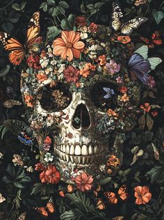 a skull surrounded by flowers and butterflies